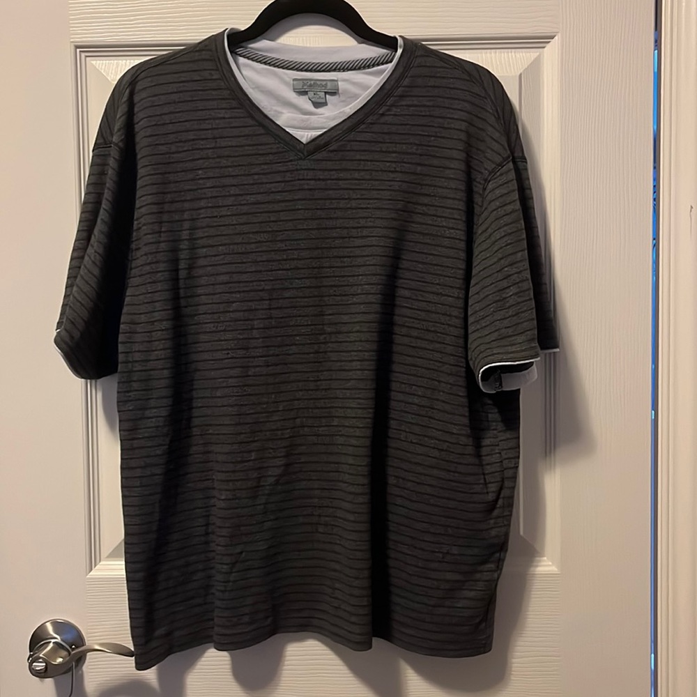 Men’s Short-Sleeve T-Shirt Striped Grey/Black with Fooler Collar XL Cotton/Poly